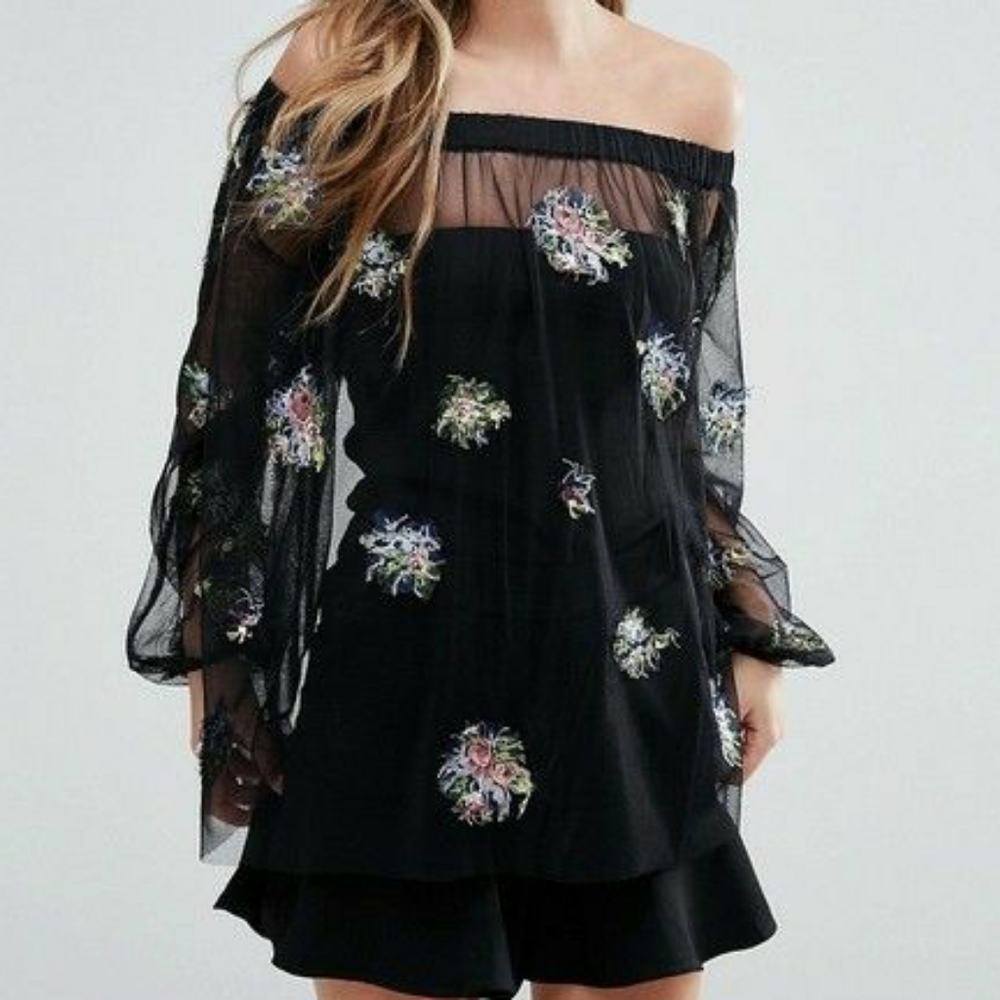 Sportsmax code off shoulder mesh top embroidered